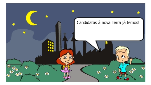 Duas crianças, observando o céu, buscam possíveis planetas habitáveis para a raça humana.